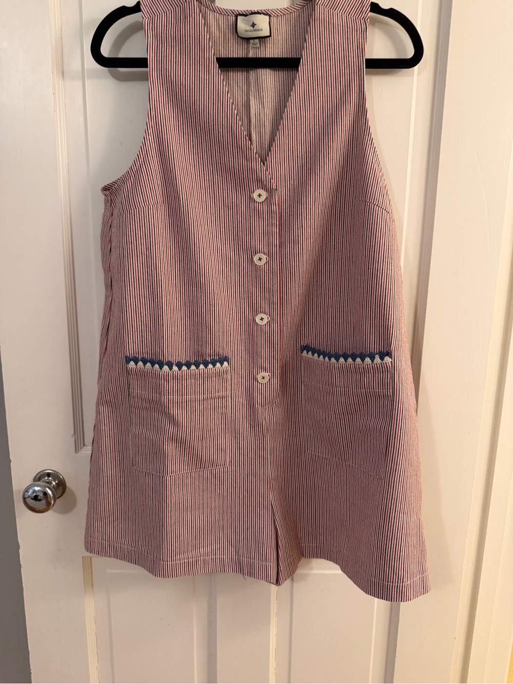 Tuckernuck Red and White Striped Sleeveless Button Romper with Blue Trim